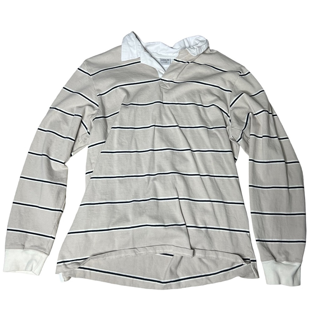 Cotton On Loose Fit Rugby Cream Neutral Polo Stripe Collared Long Sleeve Mens XL